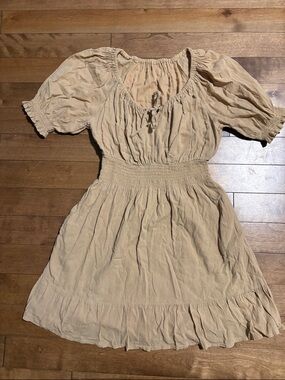 Beige Smocked Waist Puff Sleeve Cotton Dress with Pockets!